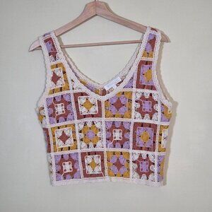 Rebellion Again Crocheted Top Women L Granny Square Sleeveless V Neck Crop Boho